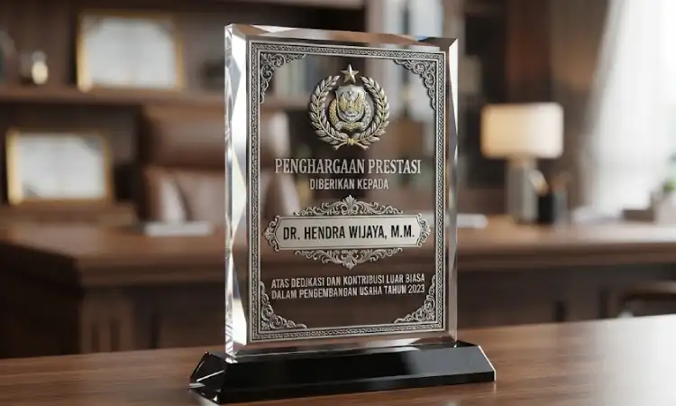 Plakat Kristal Kaca dengan Ornamen Ukiran Logam, Sumber: AI