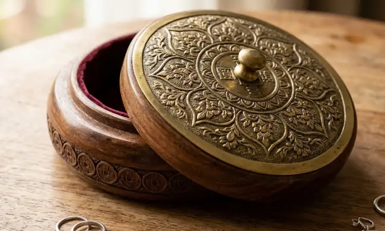 Desain Kotak Perhiasan Kayu Bulat Koin, Sumber: AI
